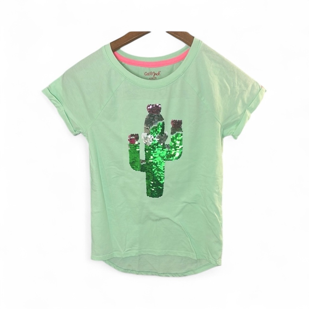 Cat & Jack Green Short Sleeve Tee with Sequin Cactus Girls 10/12